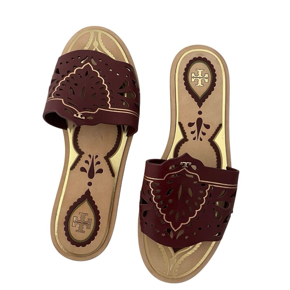 Tory Burch Annika Flat Sandals Tuscan Wine Size 7 Laser Cut Leather Slide Summer - Picture 6 of 9
